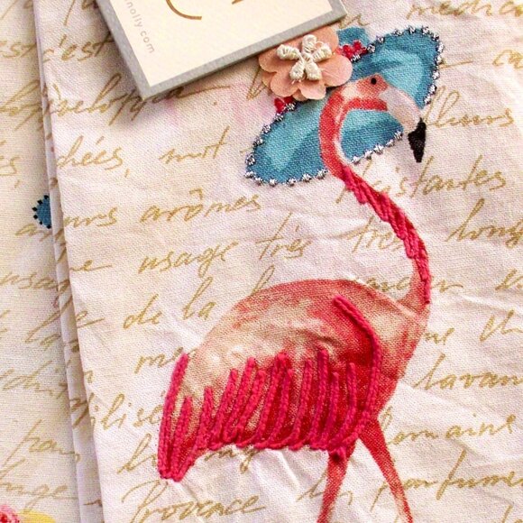 Deborah Connolly 2 Pc Decorative Kitchen Towel Set Flamingo in Hat Embroidered - Picture 2 of 4